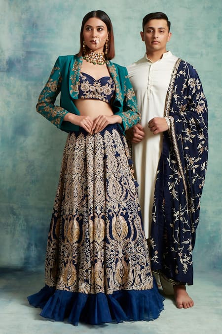 Buy Vedika Soni Blue Crepe Beads, Sequins, Embroidery Sweetheart Resham Lehenga Jacket Set Online at Aza Fashions Buy_Vedika Soni_Blue Crepe Beads, Sequins, Embroidery Sweetheart Resham Lehenga Jacket Set _Online_at_Aza_Fashions
