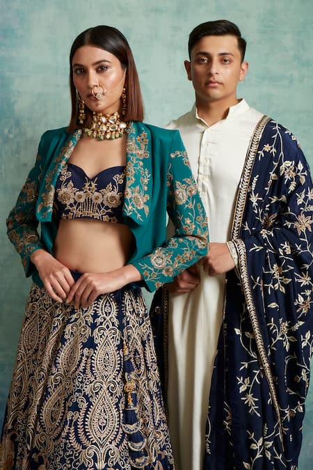 Shop Vedika Soni Blue Crepe Beads, Sequins, Embroidery Sweetheart Resham Lehenga Jacket Set Online at Aza Fashions Shop_Vedika Soni_Blue Crepe Beads, Sequins, Embroidery Sweetheart Resham Lehenga Jacket Set _Online_at_Aza_Fashions