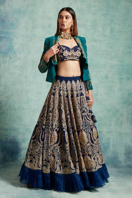 Vedika Soni Blue Crepe Beads, Sequins, Embroidery Sweetheart Resham Lehenga Jacket Set at Aza Fashions Vedika Soni_Blue Crepe Beads, Sequins, Embroidery Sweetheart Resham Lehenga Jacket Set _at_Aza_Fashions