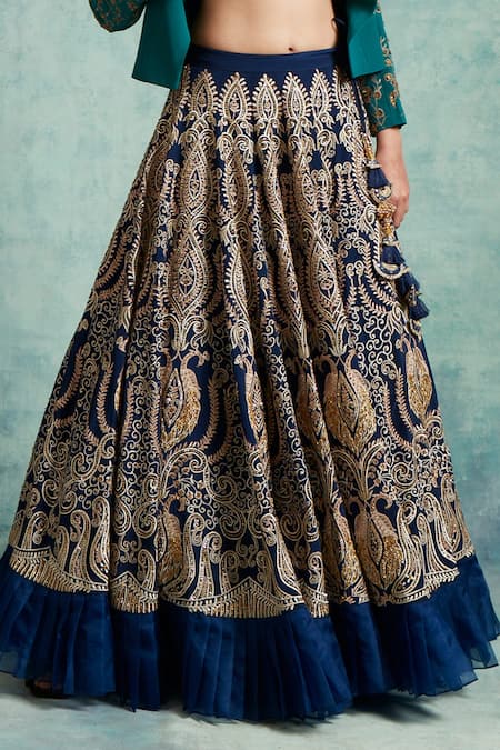 Buy Vedika Soni Blue Crepe Beads, Sequins, Embroidery Sweetheart Resham Lehenga Jacket Set Buy_Vedika Soni_Blue Crepe Beads, Sequins, Embroidery Sweetheart Resham Lehenga Jacket Set
