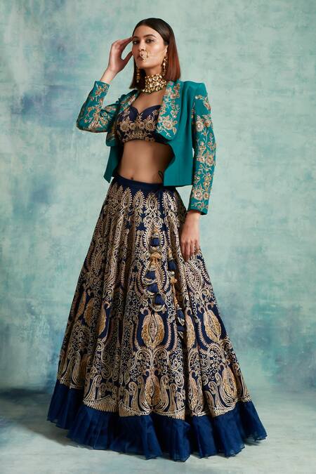 Shop Vedika Soni Blue Crepe Beads, Sequins, Embroidery Sweetheart Resham Lehenga Jacket Set Shop_Vedika Soni_Blue Crepe Beads, Sequins, Embroidery Sweetheart Resham Lehenga Jacket Set