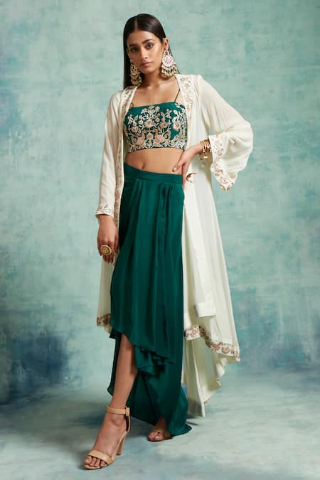 Vedika Soni_White Crepe Embroidered Sequin Cape Open Dhoti Skirt Set _Online_at_Aza_Fashions