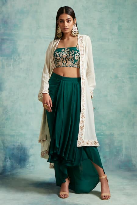 Buy_Vedika Soni_White Crepe Embroidered Sequin Cape Open Dhoti Skirt Set _Online_at_Aza_Fashions