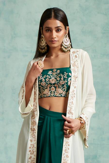 Shop_Vedika Soni_White Crepe Embroidered Sequin Cape Open Dhoti Skirt Set _Online_at_Aza_Fashions