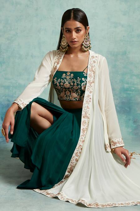 Buy_Vedika Soni_White Crepe Embroidered Sequin Cape Open Dhoti Skirt Set 