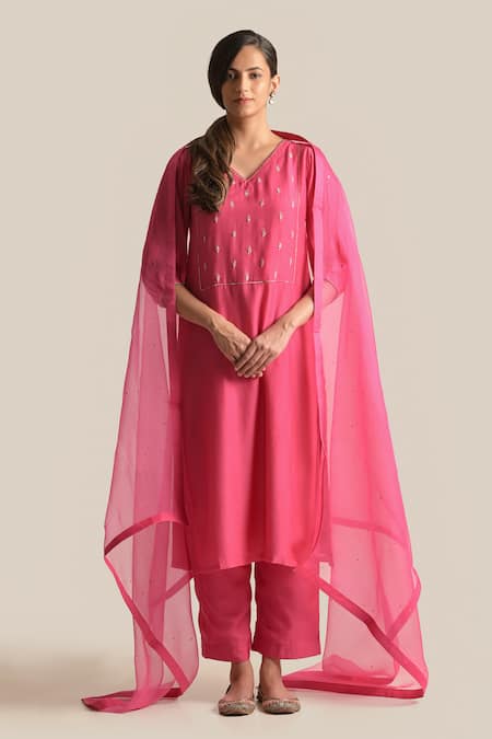 Shop Cupid Cotton Pink Silk, Cotton Embroidery V-neck Inaya Yoke Kurta And Pant Set Online at Aza Fashions Shop_Cupid Cotton_Pink Silk, Cotton Embroidery V-neck Inaya Yoke Kurta And Pant Set _Online_at_Aza_Fashions
