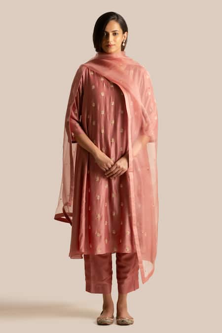 Cupid Cotton_Pink Cotton, Silk Sequins, Piping, Cut Work Zoya Embroidered Anarkali And Pant Set _at_Aza_Fashions