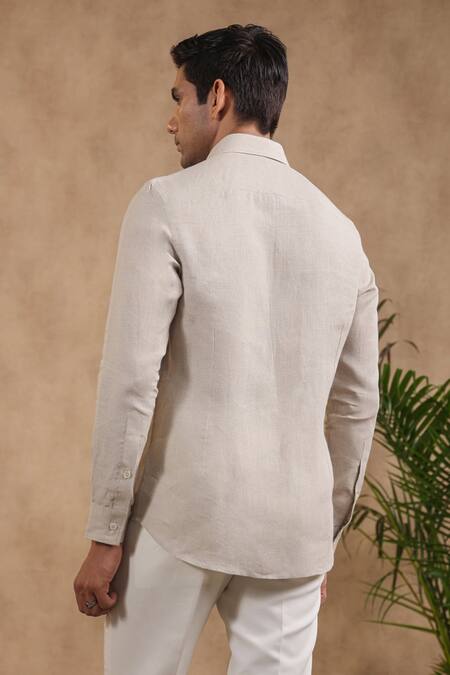 Shop Raw & Rustic By Niti Bothra Beige Linen Embroidery Full Sleeve Moroccan Half Yoke Shirt at Aza Fashions Shop_Raw & Rustic By Niti Bothra_Beige Linen Embroidery Full Sleeve Moroccan Half Yoke Shirt_at_Aza_Fashions