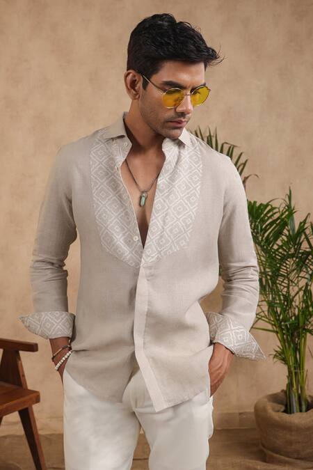 Raw & Rustic By Niti Bothra Beige Linen Embroidery Full Sleeve Moroccan Half Yoke Shirt Online at Aza Fashions Raw & Rustic By Niti Bothra_Beige Linen Embroidery Full Sleeve Moroccan Half Yoke Shirt_Online_at_Aza_Fashions