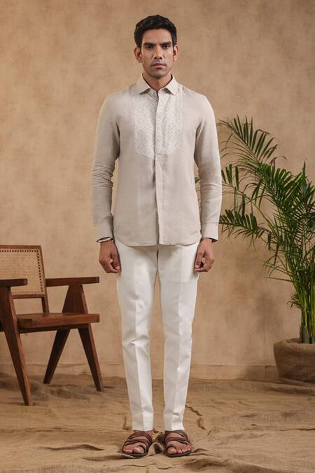 Shop Raw & Rustic By Niti Bothra Beige Linen Embroidery Full Sleeve Moroccan Half Yoke Shirt Online at Aza Fashions Shop_Raw & Rustic By Niti Bothra_Beige Linen Embroidery Full Sleeve Moroccan Half Yoke Shirt_Online_at_Aza_Fashions