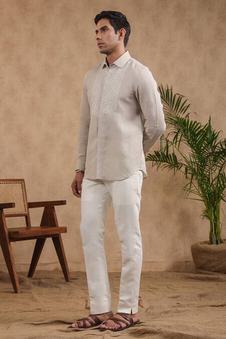 Raw & Rustic By Niti Bothra Beige Linen Embroidery Full Sleeve Moroccan Half Yoke Shirt at Aza Fashions Raw & Rustic By Niti Bothra_Beige Linen Embroidery Full Sleeve Moroccan Half Yoke Shirt_at_Aza_Fashions