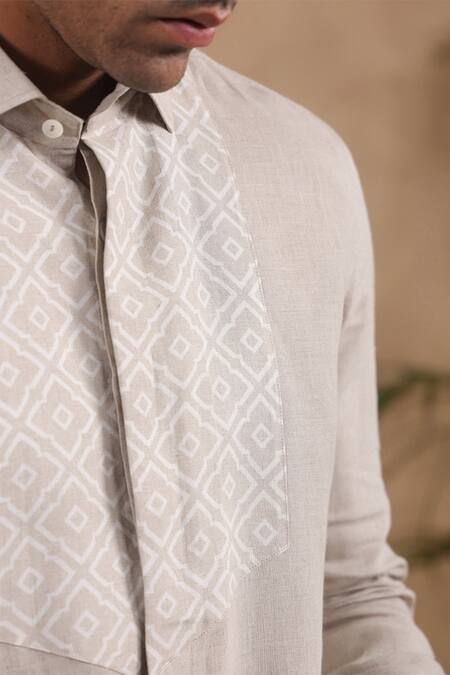 Shop Raw & Rustic By Niti Bothra Beige Linen Embroidery Full Sleeve Moroccan Half Yoke Shirt Shop_Raw & Rustic By Niti Bothra_Beige Linen Embroidery Full Sleeve Moroccan Half Yoke Shirt