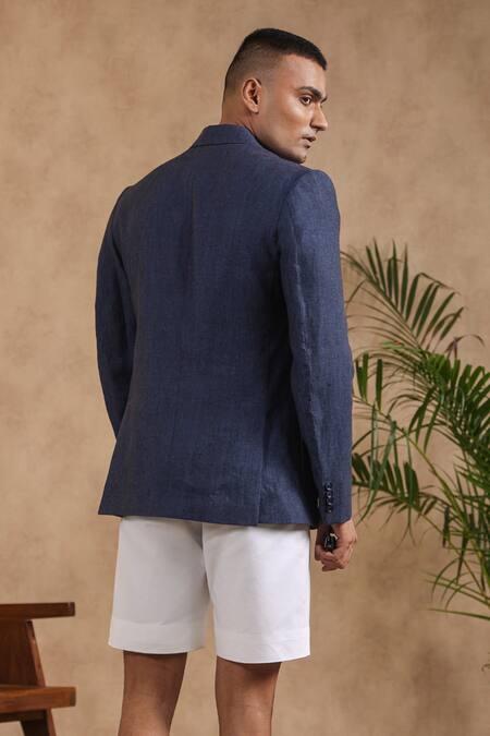 Shop Raw & Rustic By Niti Bothra Blue Linen Solid Sports Blazer at Aza Fashions Shop_Raw & Rustic By Niti Bothra_Blue Linen Solid Sports Blazer_at_Aza_Fashions