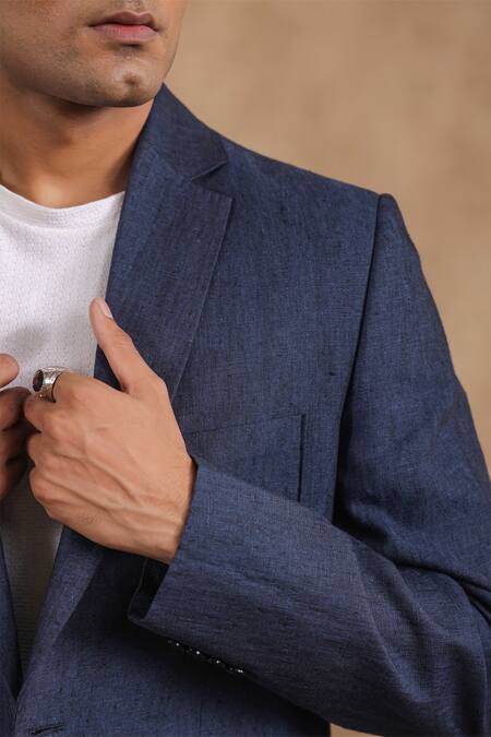 Raw & Rustic By Niti Bothra Blue Linen Solid Sports Blazer Online at Aza Fashions Raw & Rustic By Niti Bothra_Blue Linen Solid Sports Blazer_Online_at_Aza_Fashions