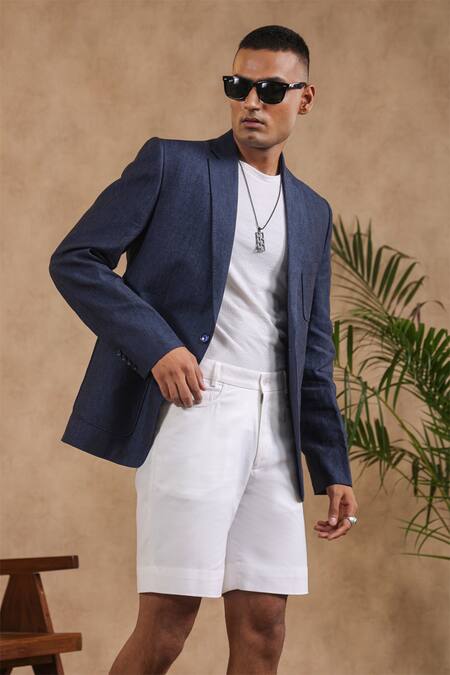 Shop Raw & Rustic By Niti Bothra Blue Linen Solid Sports Blazer Online at Aza Fashions Shop_Raw & Rustic By Niti Bothra_Blue Linen Solid Sports Blazer_Online_at_Aza_Fashions