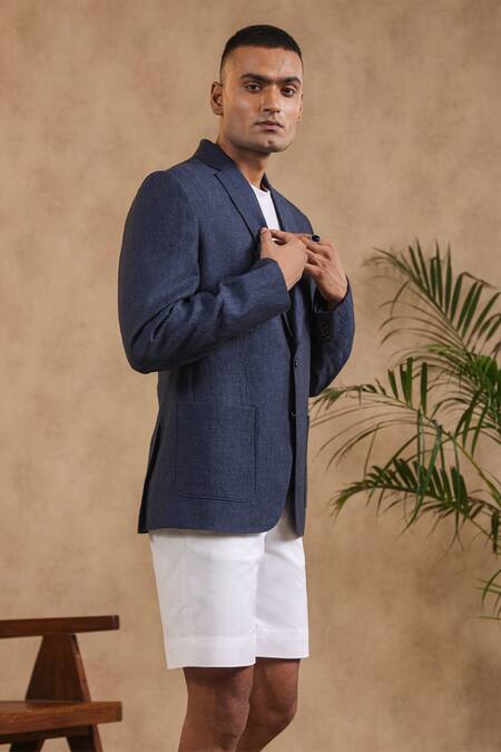 Raw & Rustic By Niti Bothra Blue Linen Solid Sports Blazer at Aza Fashions Raw & Rustic By Niti Bothra_Blue Linen Solid Sports Blazer_at_Aza_Fashions