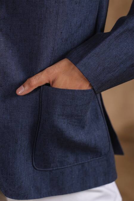 Buy Raw & Rustic By Niti Bothra Blue Linen Solid Sports Blazer Buy_Raw & Rustic By Niti Bothra_Blue Linen Solid Sports Blazer