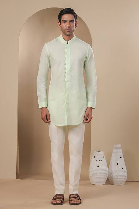Raw & Rustic By Niti Bothra_Green Chanderi, Silk Solid Short Kurta _Online_at_Aza_Fashions