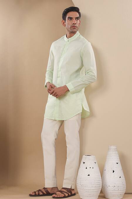 Shop_Raw & Rustic By Niti Bothra_Green Chanderi, Silk Solid Short Kurta _Online_at_Aza_Fashions