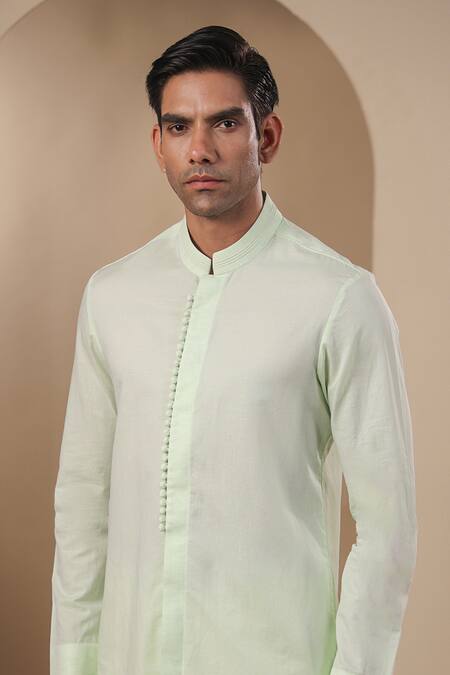 Raw & Rustic By Niti Bothra_Green Chanderi, Silk Solid Short Kurta _at_Aza_Fashions