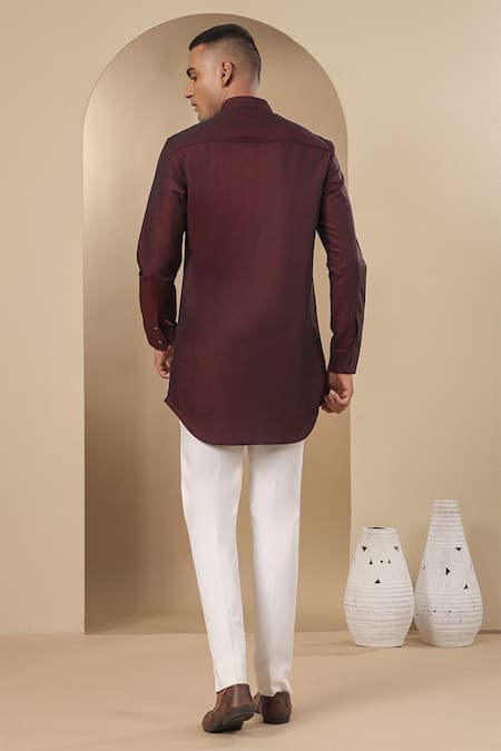 Shop Raw & Rustic By Niti Bothra Wine Chanderi, Silk Embroidery Potli Lined Placket Short Kurta at Aza Fashions Shop_Raw & Rustic By Niti Bothra_Wine Chanderi, Silk Embroidery Potli Lined Placket Short Kurta _at_Aza_Fashions