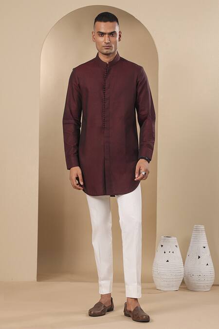 Raw & Rustic By Niti Bothra Wine Chanderi, Silk Embroidery Potli Lined Placket Short Kurta Online at Aza Fashions Raw & Rustic By Niti Bothra_Wine Chanderi, Silk Embroidery Potli Lined Placket Short Kurta _Online_at_Aza_Fashions