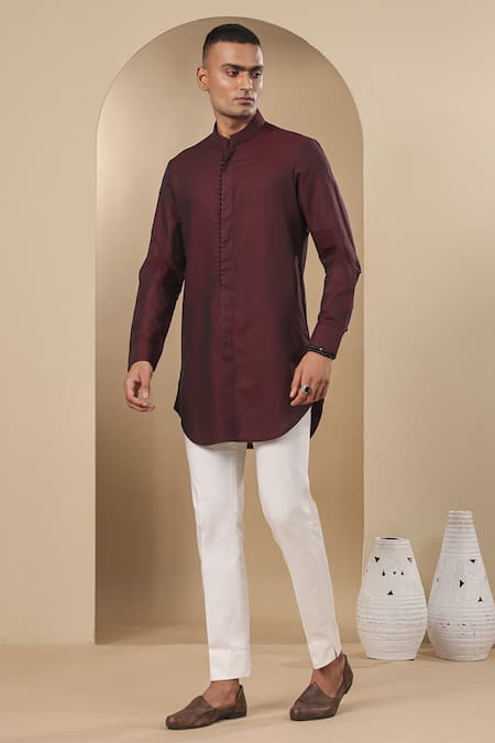 Buy Raw & Rustic By Niti Bothra Wine Chanderi, Silk Embroidery Potli Lined Placket Short Kurta Online at Aza Fashions Buy_Raw & Rustic By Niti Bothra_Wine Chanderi, Silk Embroidery Potli Lined Placket Short Kurta _Online_at_Aza_Fashions
