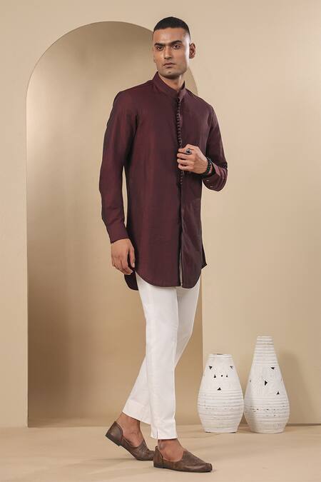 Raw & Rustic By Niti Bothra Wine Chanderi, Silk Embroidery Potli Lined Placket Short Kurta at Aza Fashions Raw & Rustic By Niti Bothra_Wine Chanderi, Silk Embroidery Potli Lined Placket Short Kurta _at_Aza_Fashions