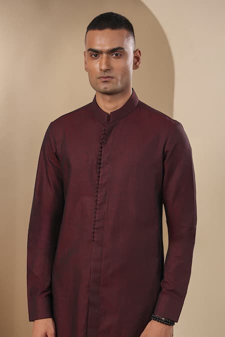 Buy Raw & Rustic By Niti Bothra Wine Chanderi, Silk Embroidery Potli Lined Placket Short Kurta Buy_Raw & Rustic By Niti Bothra_Wine Chanderi, Silk Embroidery Potli Lined Placket Short Kurta