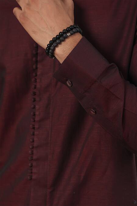 Shop Raw & Rustic By Niti Bothra Wine Chanderi, Silk Embroidery Potli Lined Placket Short Kurta Shop_Raw & Rustic By Niti Bothra_Wine Chanderi, Silk Embroidery Potli Lined Placket Short Kurta