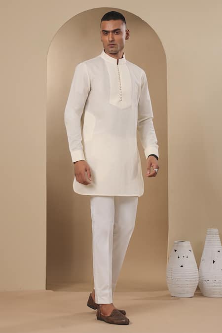 Raw & Rustic By Niti Bothra_Cream Chanderi, Silk Pleated Placket Short Kurta _Online_at_Aza_Fashions