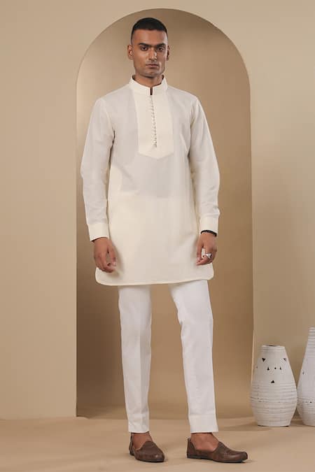 Buy_Raw & Rustic By Niti Bothra_Cream Chanderi, Silk Pleated Placket Short Kurta _Online_at_Aza_Fashions