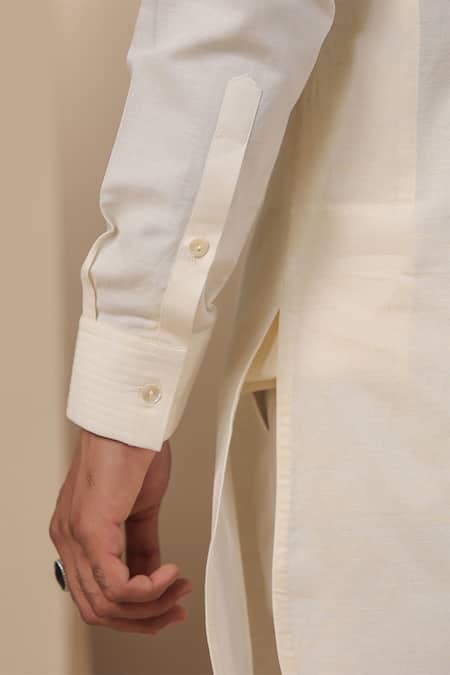 Shop_Raw & Rustic By Niti Bothra_Cream Chanderi, Silk Pleated Placket Short Kurta _Online_at_Aza_Fashions