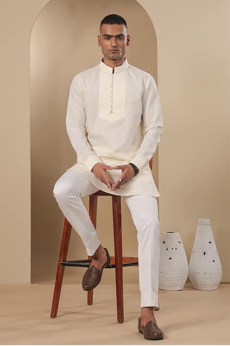 Shop_Raw & Rustic By Niti Bothra_Cream Chanderi, Silk Pleated Placket Short Kurta 