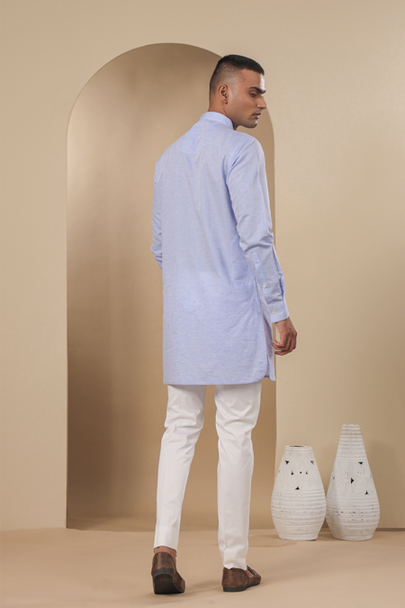 Shop Raw & Rustic By Niti Bothra Blue Chanderi, Silk Solid Pleated Placket Kurta at Aza Fashions Shop_Raw & Rustic By Niti Bothra_Blue Chanderi, Silk Solid Pleated Placket Kurta _at_Aza_Fashions