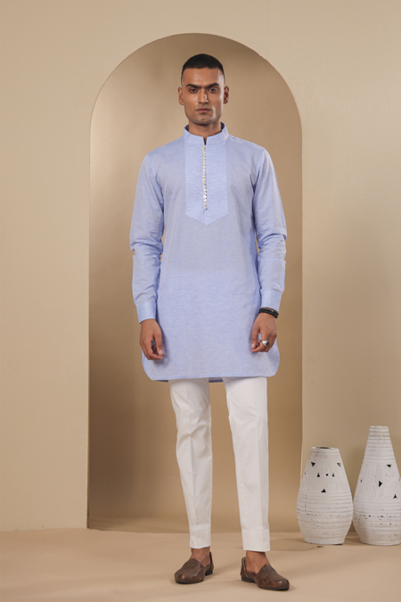 Raw & Rustic By Niti Bothra Blue Chanderi, Silk Solid Pleated Placket Kurta Online at Aza Fashions Raw & Rustic By Niti Bothra_Blue Chanderi, Silk Solid Pleated Placket Kurta _Online_at_Aza_Fashions