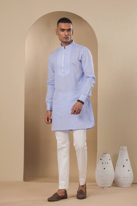 Buy Raw & Rustic By Niti Bothra Blue Chanderi, Silk Solid Pleated Placket Kurta Online at Aza Fashions Buy_Raw & Rustic By Niti Bothra_Blue Chanderi, Silk Solid Pleated Placket Kurta _Online_at_Aza_Fashions