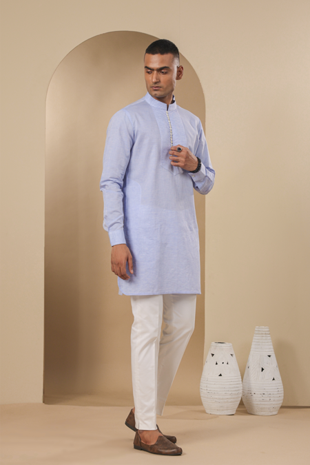 Shop Raw & Rustic By Niti Bothra Blue Chanderi, Silk Solid Pleated Placket Kurta Online at Aza Fashions Shop_Raw & Rustic By Niti Bothra_Blue Chanderi, Silk Solid Pleated Placket Kurta _Online_at_Aza_Fashions