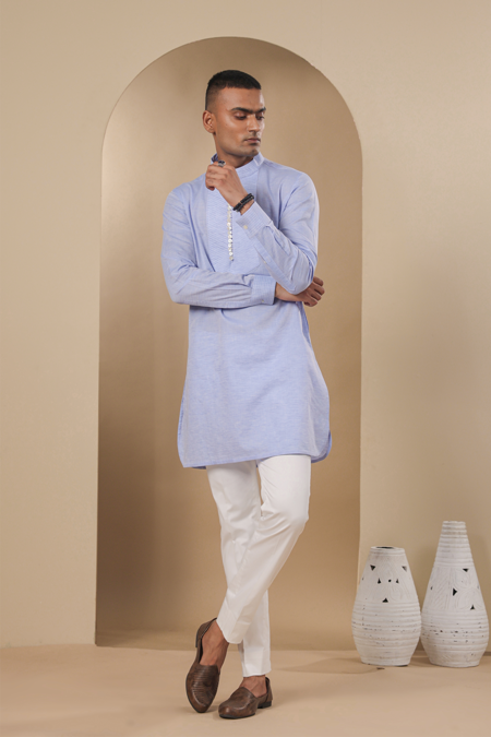 Raw & Rustic By Niti Bothra Blue Chanderi, Silk Solid Pleated Placket Kurta at Aza Fashions Raw & Rustic By Niti Bothra_Blue Chanderi, Silk Solid Pleated Placket Kurta _at_Aza_Fashions
