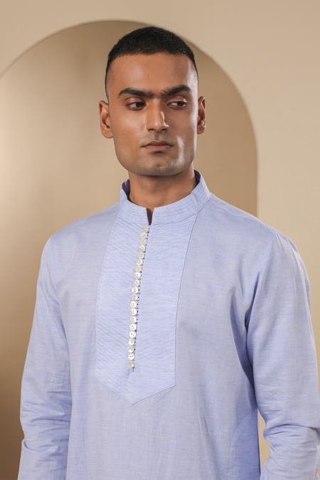 Shop Raw & Rustic By Niti Bothra Blue Chanderi, Silk Solid Pleated Placket Kurta Shop_Raw & Rustic By Niti Bothra_Blue Chanderi, Silk Solid Pleated Placket Kurta