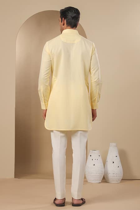 Shop Raw & Rustic By Niti Bothra Yellow Chanderi, Silk Embroidery Pleated Placket Solid Kurta at Aza Fashions Shop_Raw & Rustic By Niti Bothra_Yellow Chanderi, Silk Embroidery Pleated Placket Solid Kurta _at_Aza_Fashions