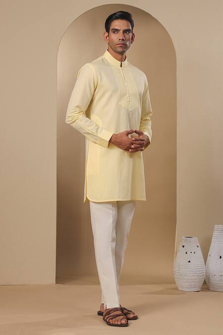 Raw & Rustic By Niti Bothra Yellow Chanderi, Silk Embroidery Pleated Placket Solid Kurta Online at Aza Fashions Raw & Rustic By Niti Bothra_Yellow Chanderi, Silk Embroidery Pleated Placket Solid Kurta _Online_at_Aza_Fashions