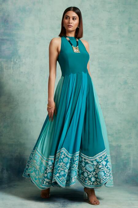 Shop_Vedika Soni_Blue Crepe Sequins, Beads, Cut Work Embroidered Bordered Anarkali And Pant Set _Online_at_Aza_Fashions
