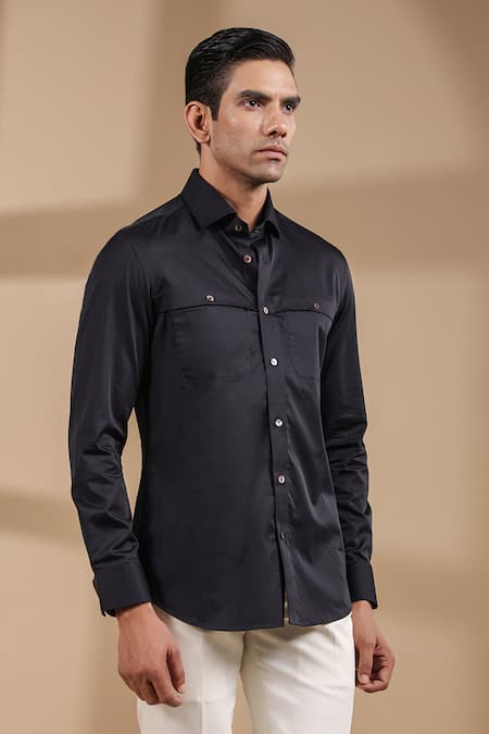 Shop_Raw & Rustic By Niti Bothra_Black Cotton Front Buttoned Solid Shirt _Online_at_Aza_Fashions