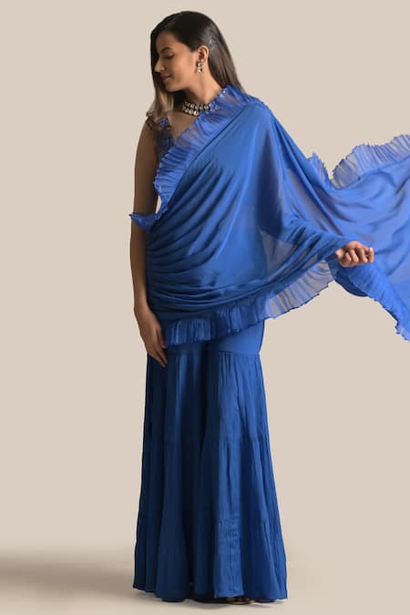 Cupid Cotton Blue Silk Hand Embroidered Resham Pre-draped Pant Saree With Blouse 