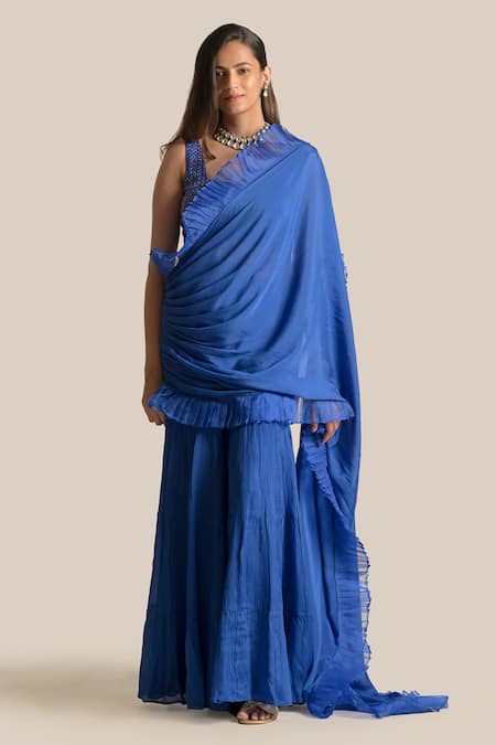 Shop_Cupid Cotton_Blue Silk, Organza, Chiffon Embroidery Hana Pre-draped Pant Saree With Blouse _Online_at_Aza_Fashions