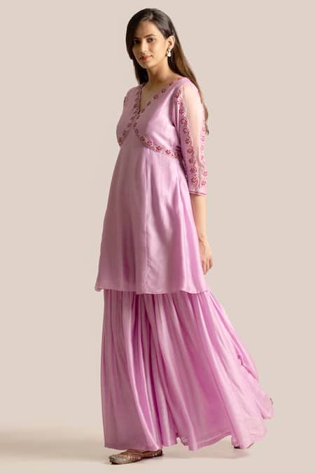 Cupid Cotton Purple Cotton, Silk Sequins, Zari Layla Embroidered Peplum Kurta And Sharara Set