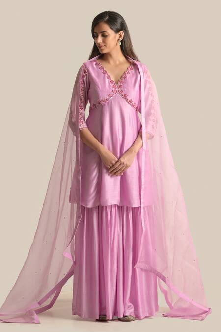 Cupid Cotton Purple Cotton, Silk Sequins, Zari Layla Embroidered Peplum Kurta And Sharara Set at Aza Fashions Cupid Cotton_Purple Cotton, Silk Sequins, Zari Layla Embroidered Peplum Kurta And Sharara Set _at_Aza_Fashions