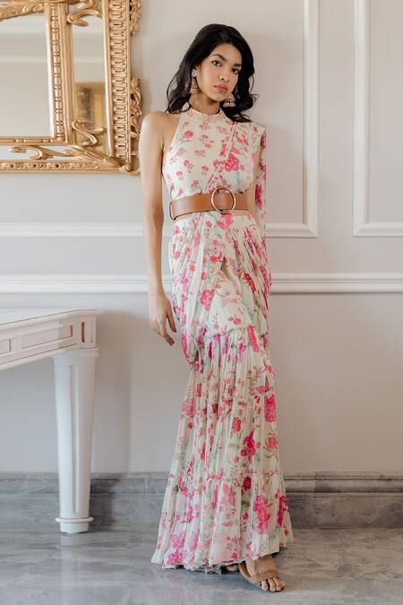 Paulmi And Harsh_White Saree Georgette Blouse Cotton Silk Belt Leather Print Sharara With _Online_at_Aza_Fashions