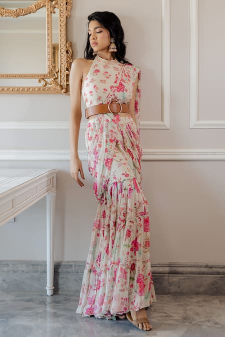 Buy_Paulmi And Harsh_White Saree Georgette Blouse Cotton Silk Belt Leather Print Sharara With _Online_at_Aza_Fashions